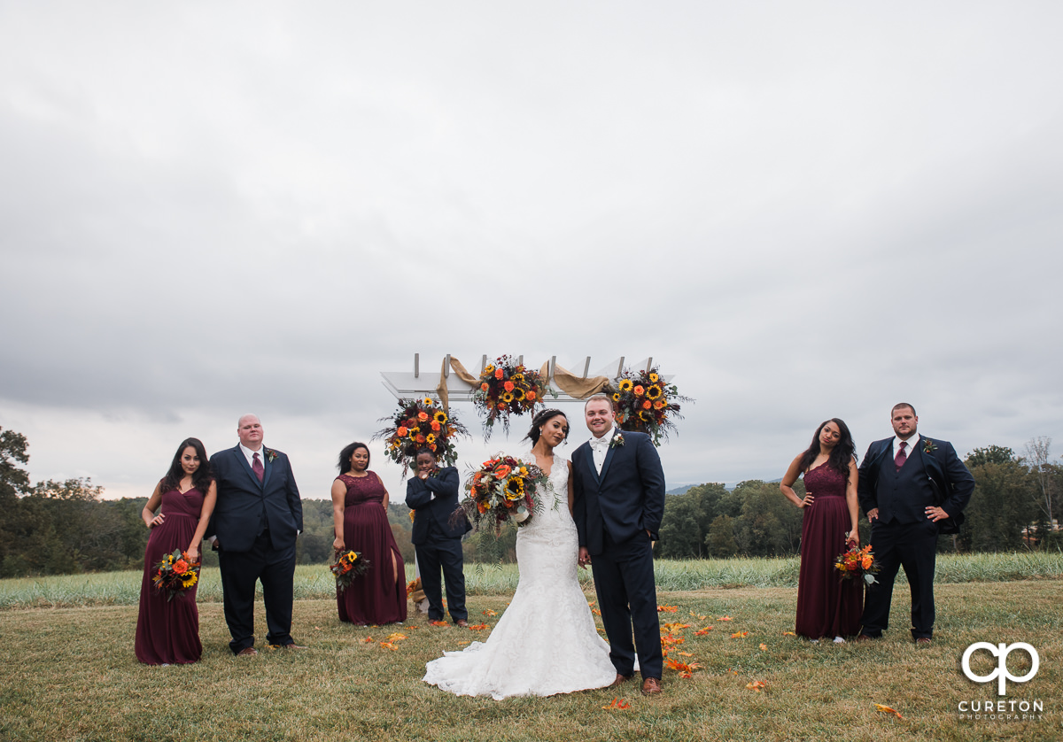 Wedding party posing at Lindsey Plantation in Taylors,SC after the ceremony.