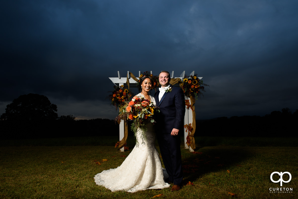 Bride and groom at sunset.