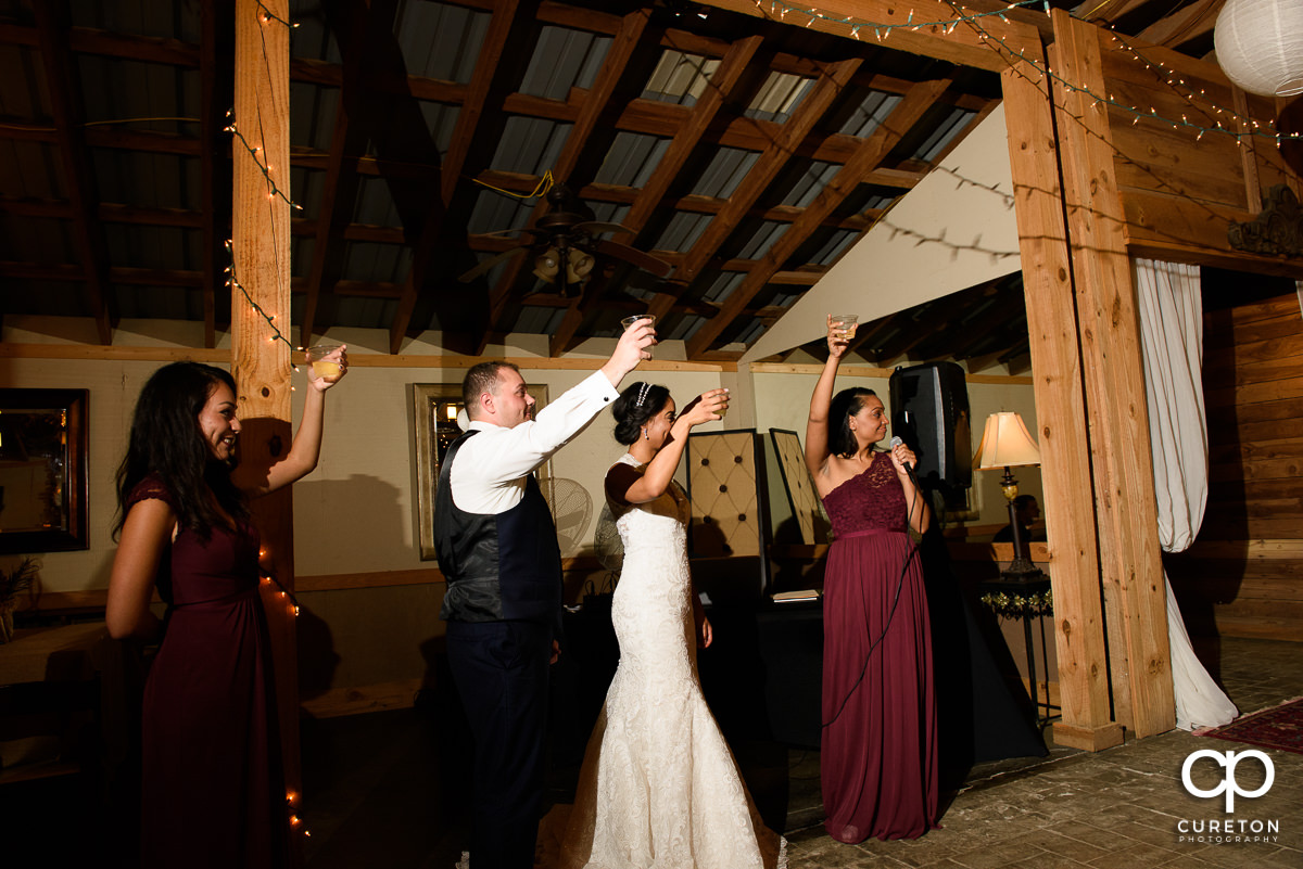 Guests lifting their glasses toasting the happy couple.