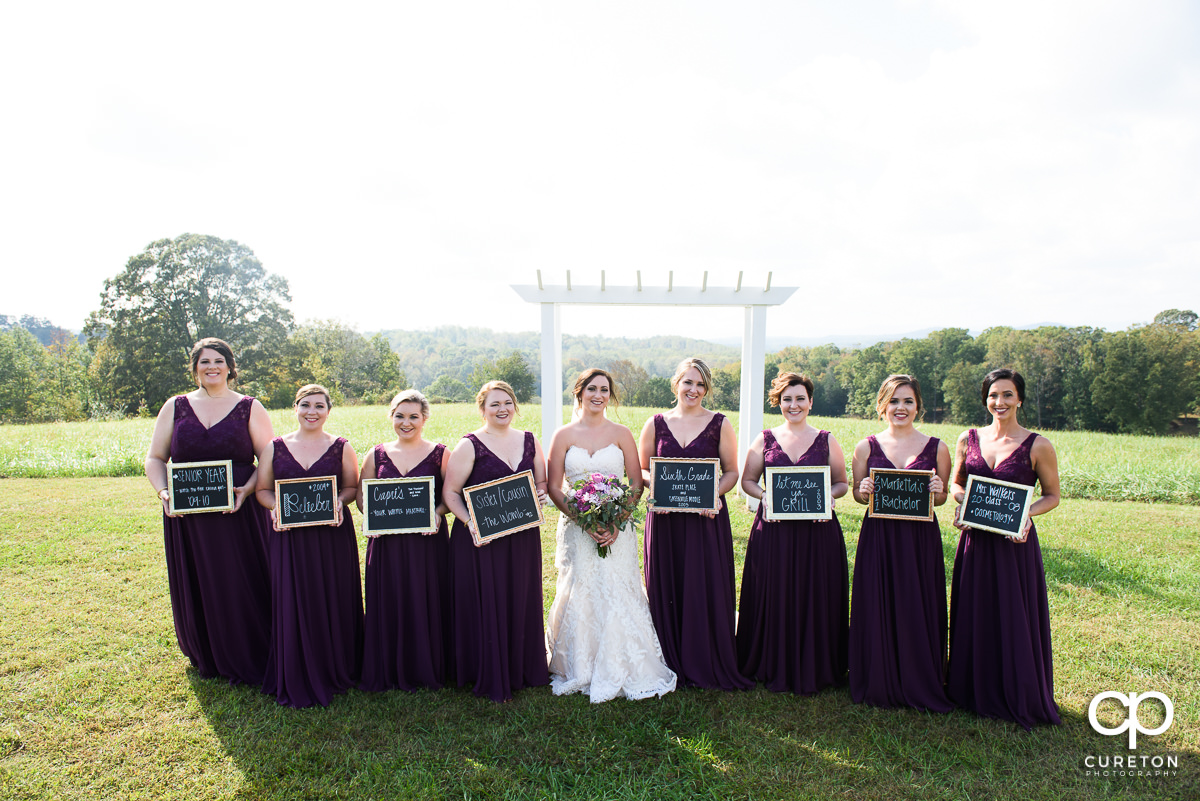 Bridesmaids holding signs how they met the bride.