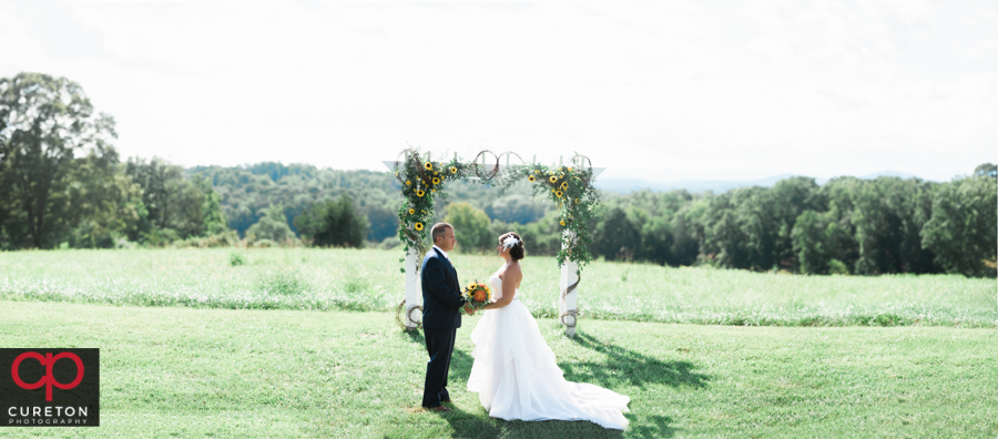 Bride and groom first look at Lindsey Plantation.