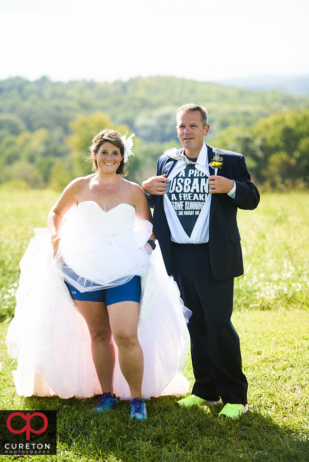 Bride and groom showing off their running gear.