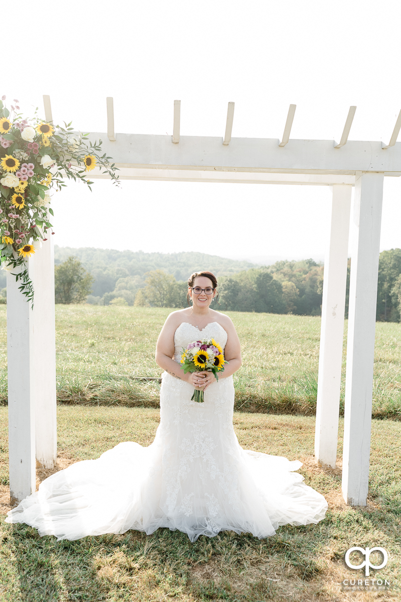 Bride standing underneath an arbor in a filed at Lindsey Plantation.
