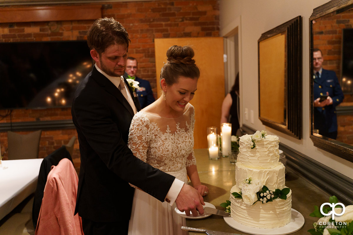 Bride and groom cutting a cake.