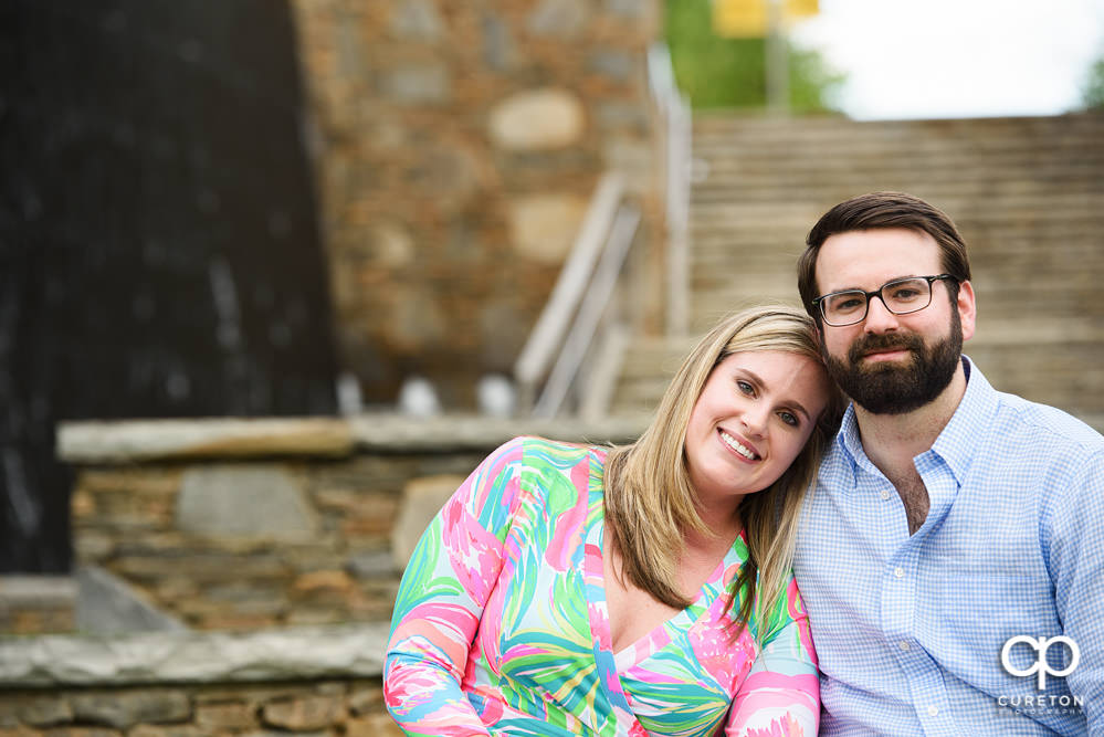 Bride and groom during a downtown Greenville,SC engagement session.