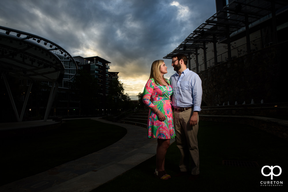 Bride and groom at sunset in downtown Greenville.