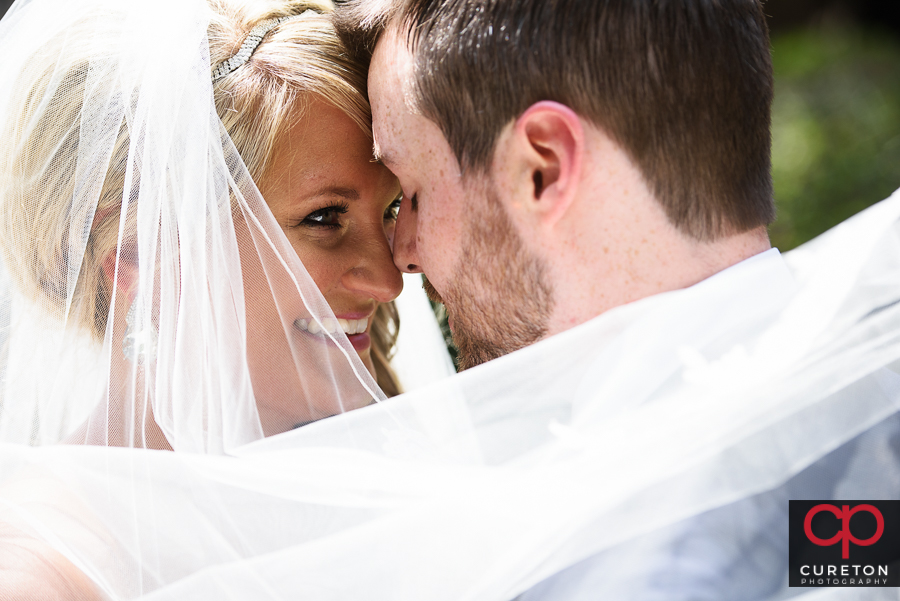 Bride and Groom first look at Mitchell Road Presbyterian Church.