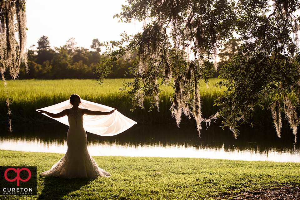 Brides veil back lit by the sun during a Myrtle Beach bridal session.