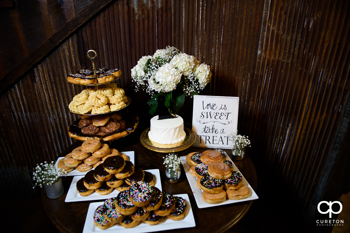 Donuts and a wedding cake.