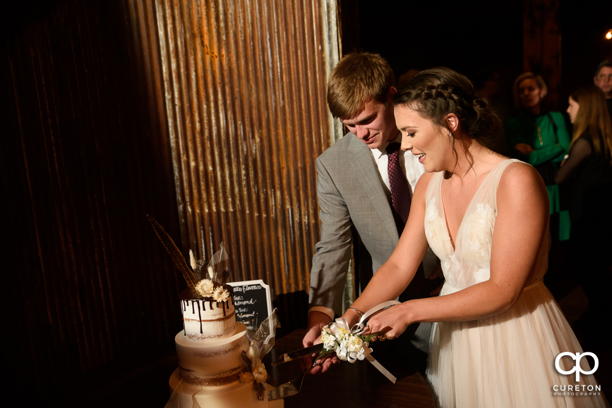 Bride and groom cutting the cake.