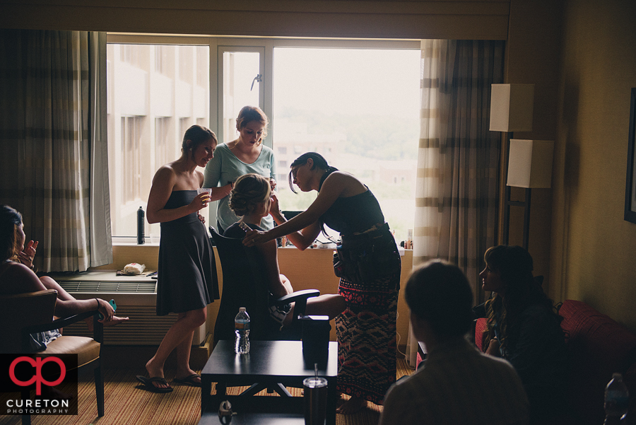 The bridal party getting ready at the Marriott.