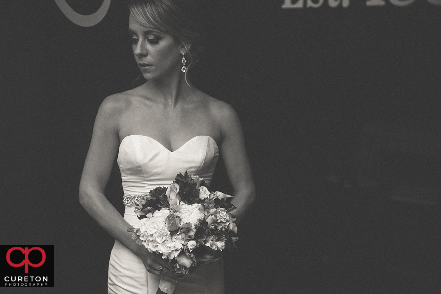 Black and white shot of a bride.