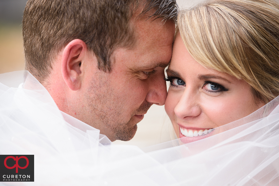 Closeup of the bride and groom with the veil.