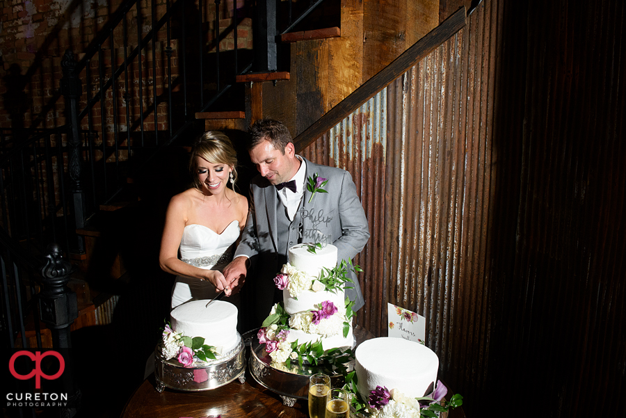 Bride and Groom cutting the cake.