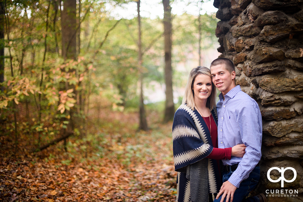 Engaged couple during their fall engagement session at Paris mountain.