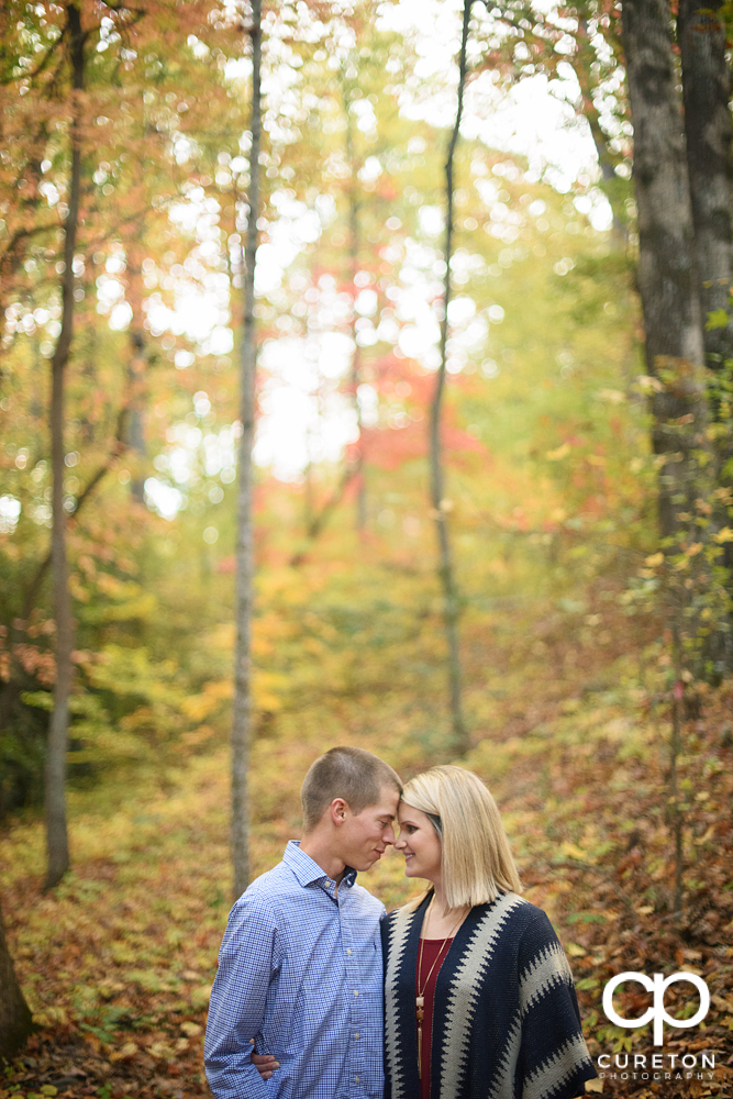 Future bride and groom in the fall leaves during their Paris mountain engagement.