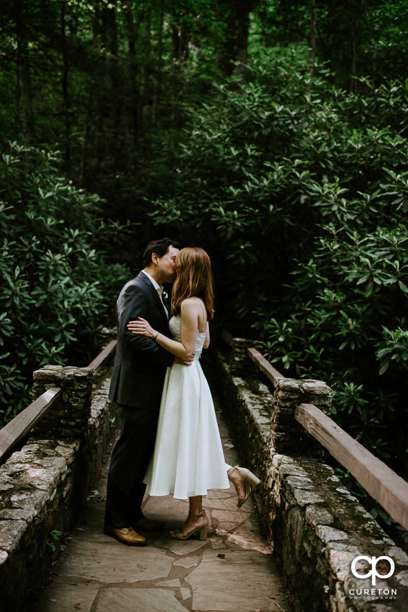 Bride and groom kissing on a bridge their elopement style wedding in North Carolina at Pearson's Falls in Saluda.