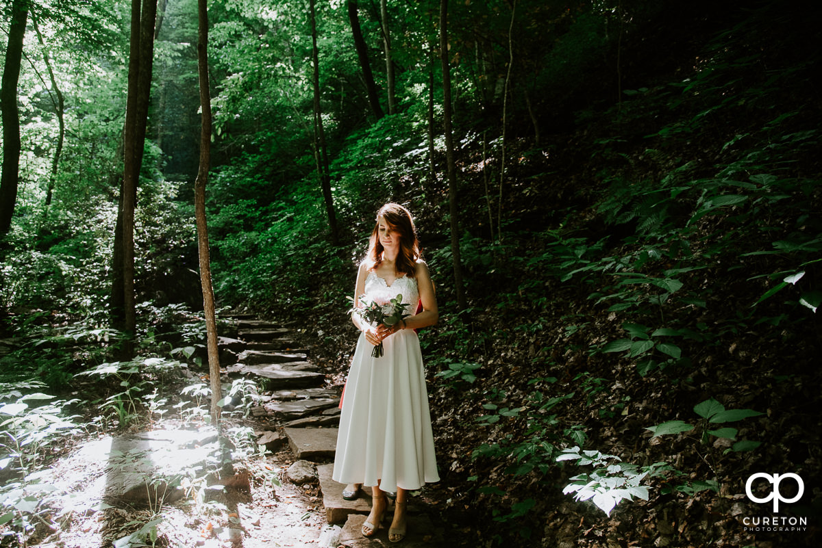 Bride standing in the forest.
