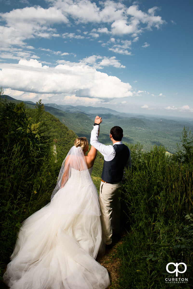 Bride and groom on a mountain top in South Carolina.