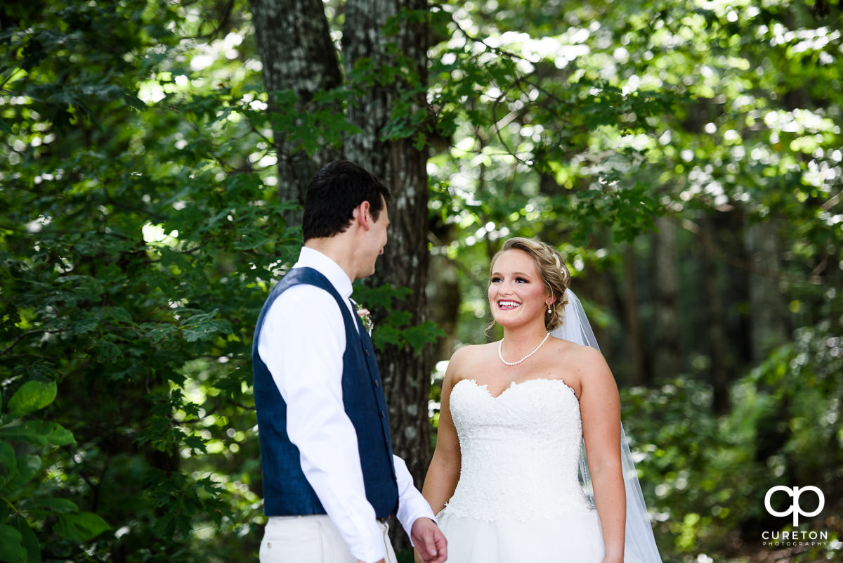 Bride and groom see each other before the wedding ceremony.