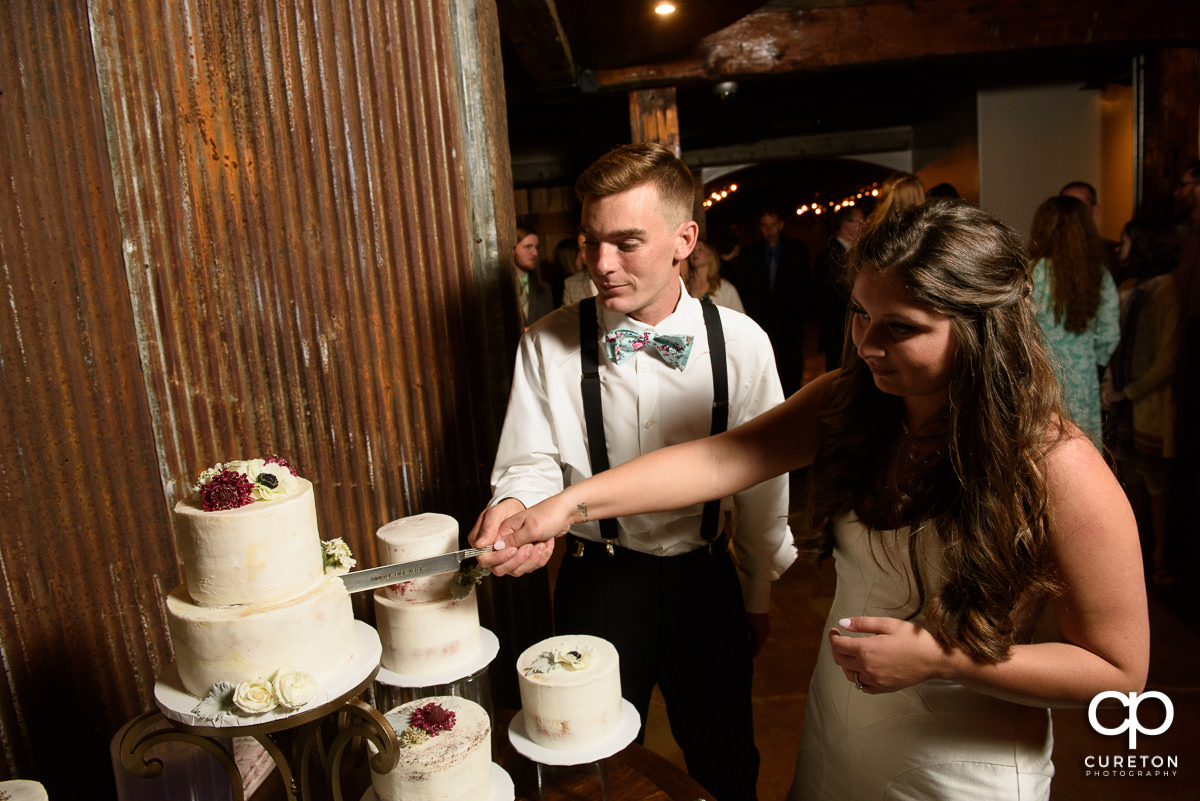 Bride and groom cutting the cake.