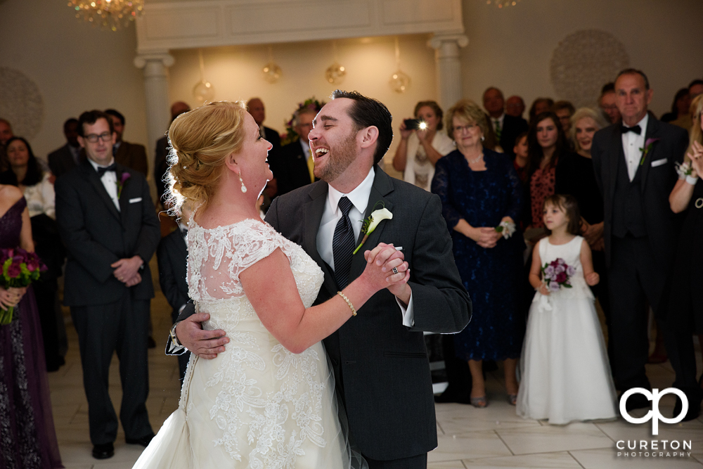 Bride and groom first dance in the pavilion.