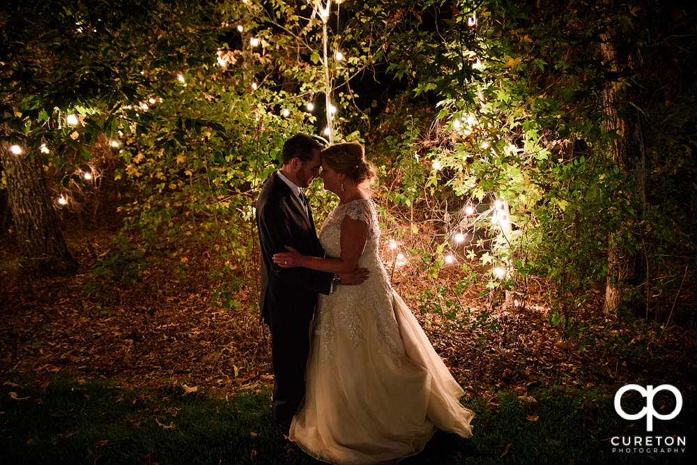 Bride and groom standing in a forest full of twinkly lights.