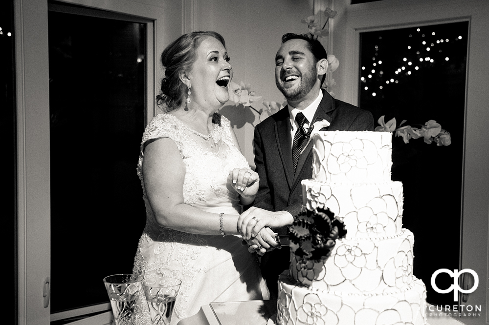 Bride and groom cutting the cake.