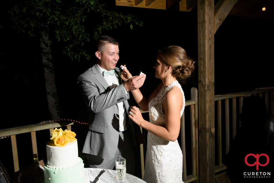 Bride and groom cut the cake.