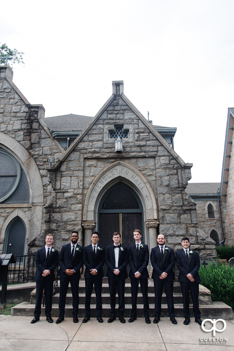 Groom and groomsmen outside of a church in Spartanburg.