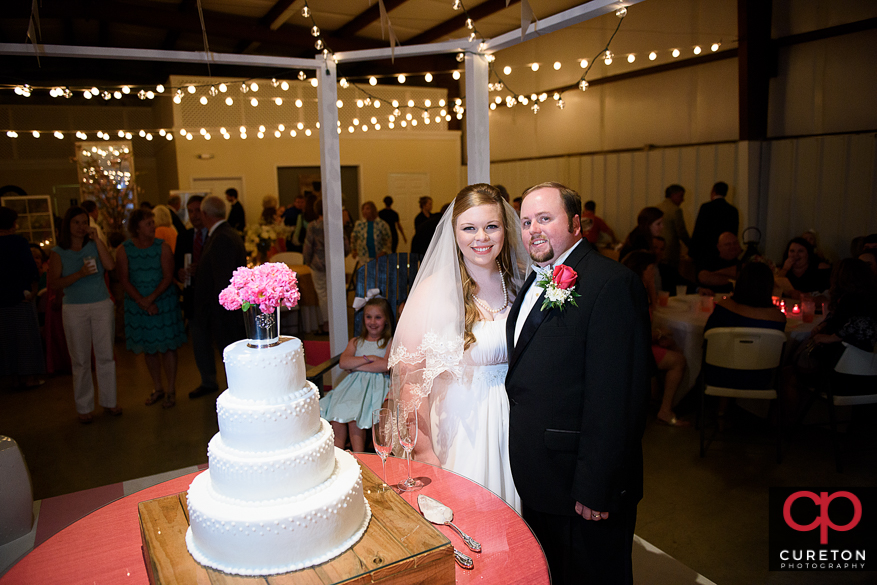 Bride and groom cutting the cake.