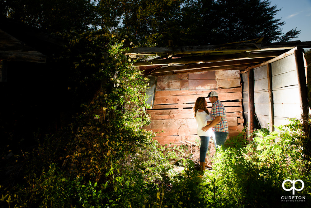Epic couple shot in a shed during a Travelers Rest engagement session.