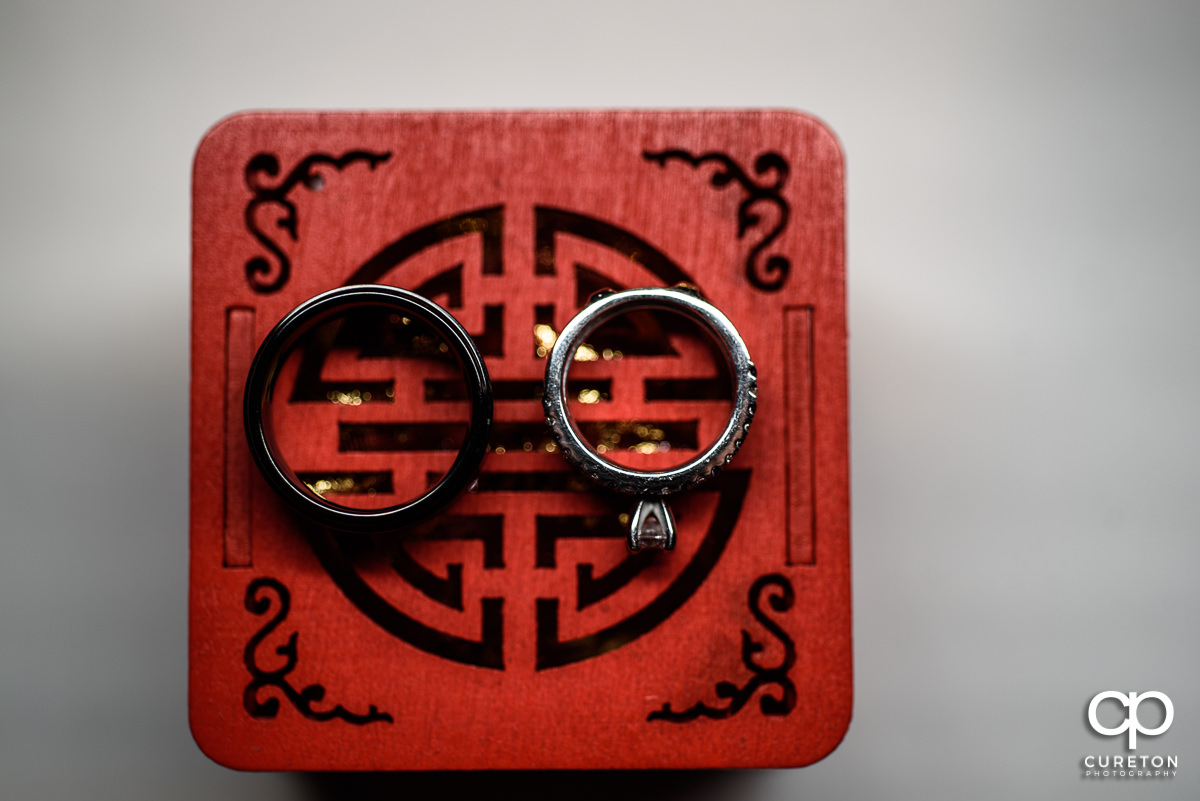 Wedding rings on an ornate red box.