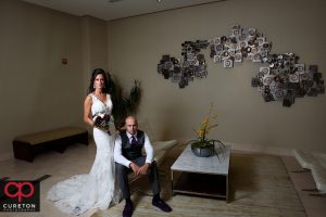 Bride and groom posing before their wedding at the commerce club in Greenville South Carolina.