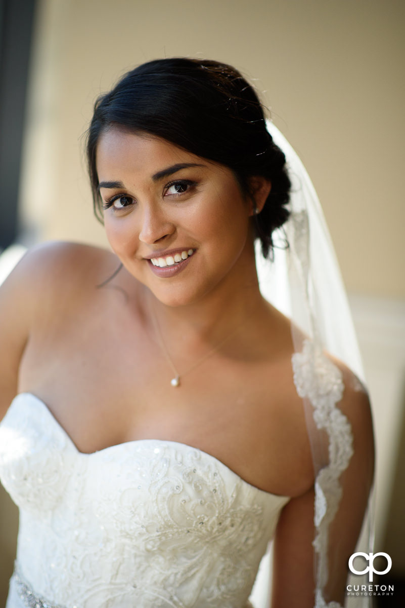 Bride looking at the camera.