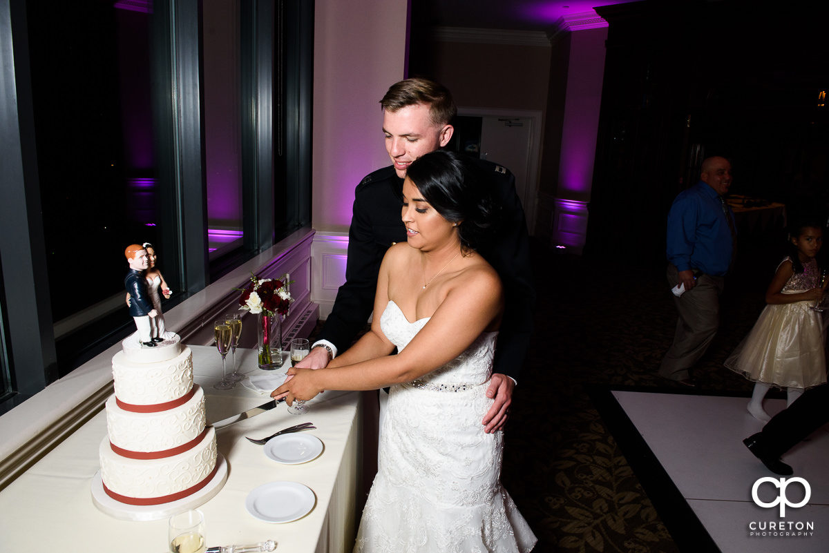 Bride and groom cutting the cake.