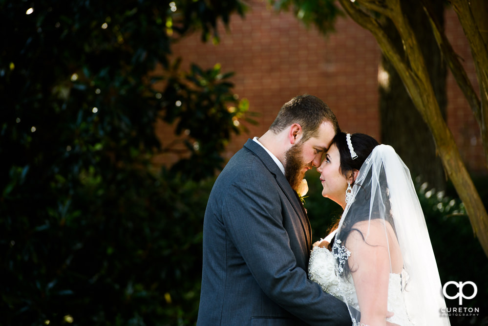 Bride and groom touching foreheads.