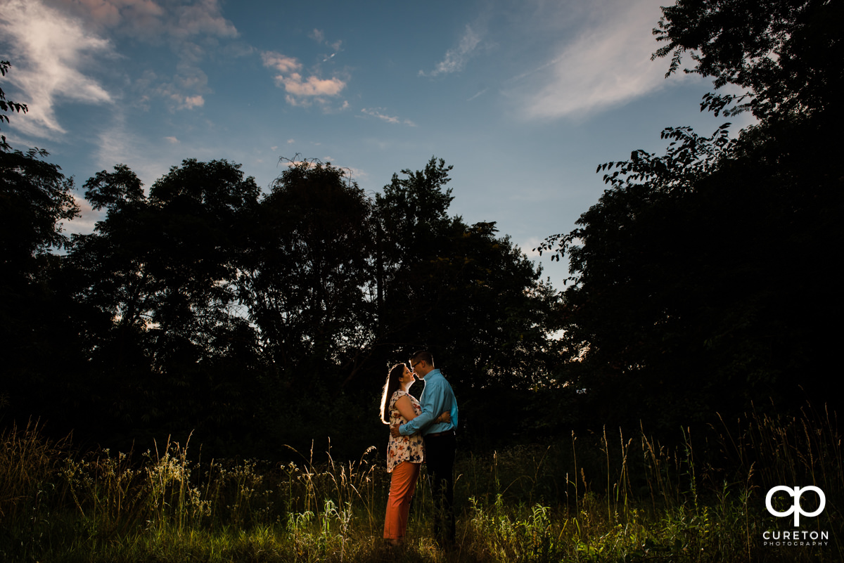 Couple kissing in a field of tall grass during an engagement session in downtown West End Greenville,SC