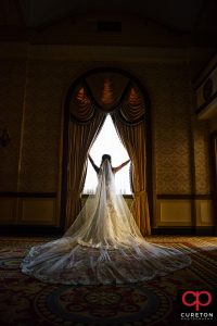 Bridal session photo in a window at the Westin Poinsett.