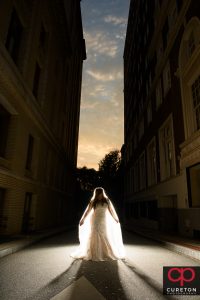 Bride outside the Westin Poinsett in downtown Greenville during a sunset bridal session.