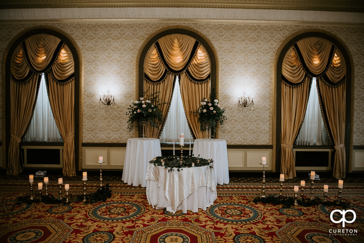 Westin Poinsett Hotel gold room decorated for the wedding ceremony by Culpepper Designs.