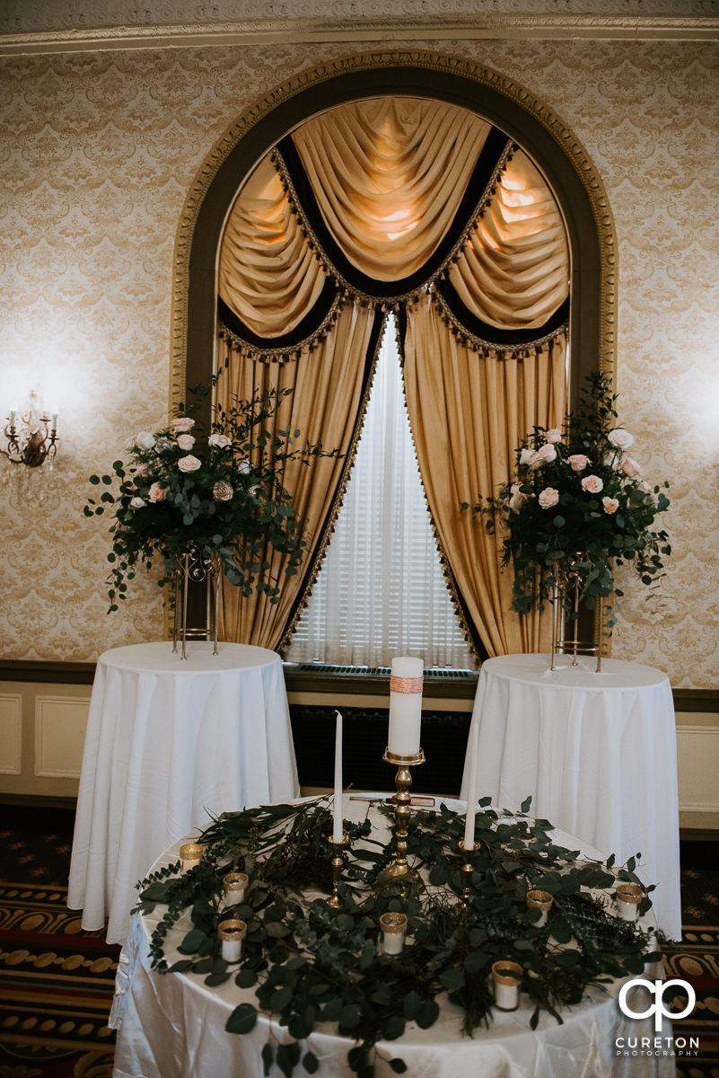Westin Poinsett Hotel gold room in Greenville decorated for the wedding ceremony by Culpepper Designs.