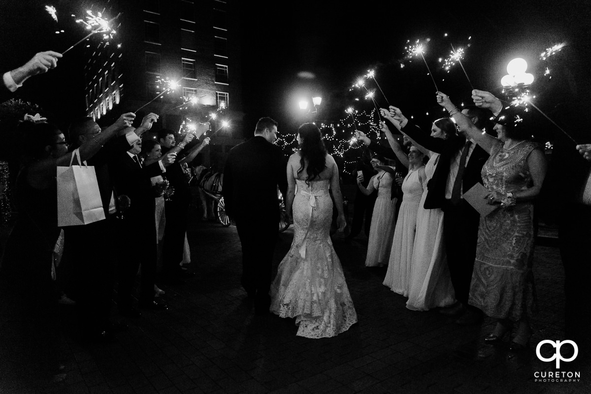 Sparkler exit from behind at the Westin Poinsett Hotel wedding reception in Greenville,SC.