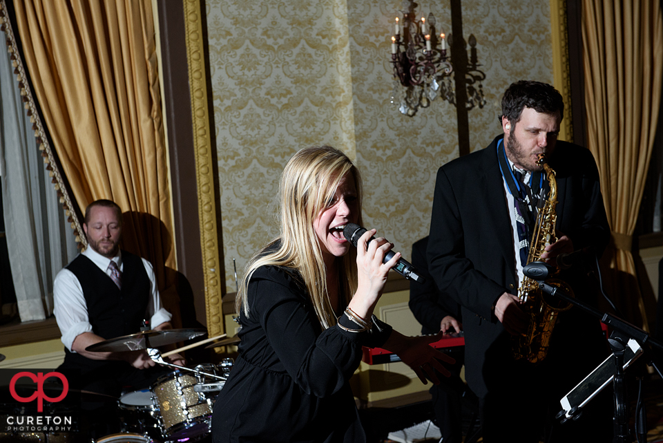 Guests dancing to the sounds of the Greenville SC wedding band The Erica Berg Collective at the Westin Poinsett reception.