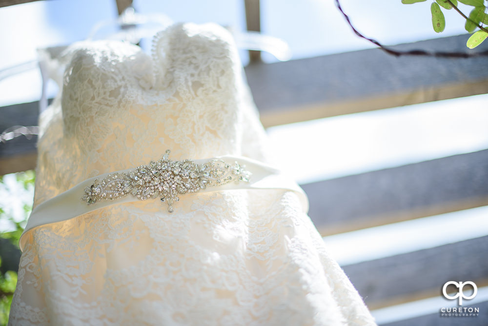 Closeup detail of the bridal dress.
