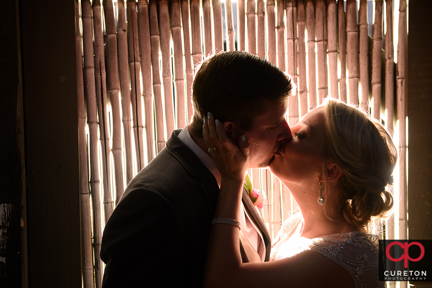 Bride and Groom kissing outside of a wedding reception at Zen in downtown Greenville,SC.