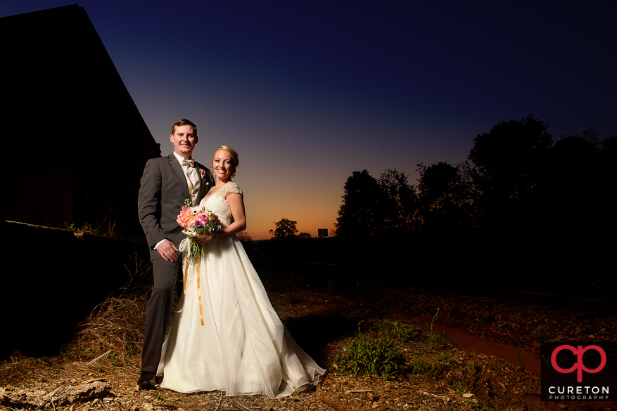 Bride and groom at sunset after their Zen wedding in Greenville,SC.